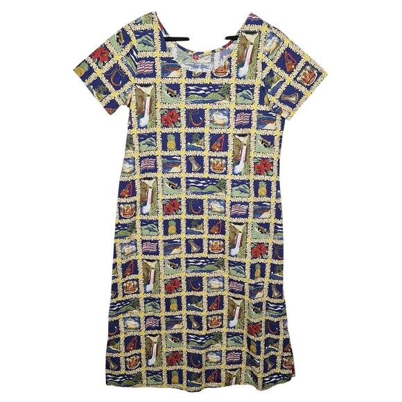 Hilo Hattie Hawaiian Maxi Dress Large Novelty Ukulele Short Sleeve Cotton Aloha - Picture 1 of 10